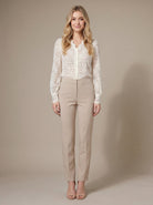Cream sheer lace shirt with a button front, view 1