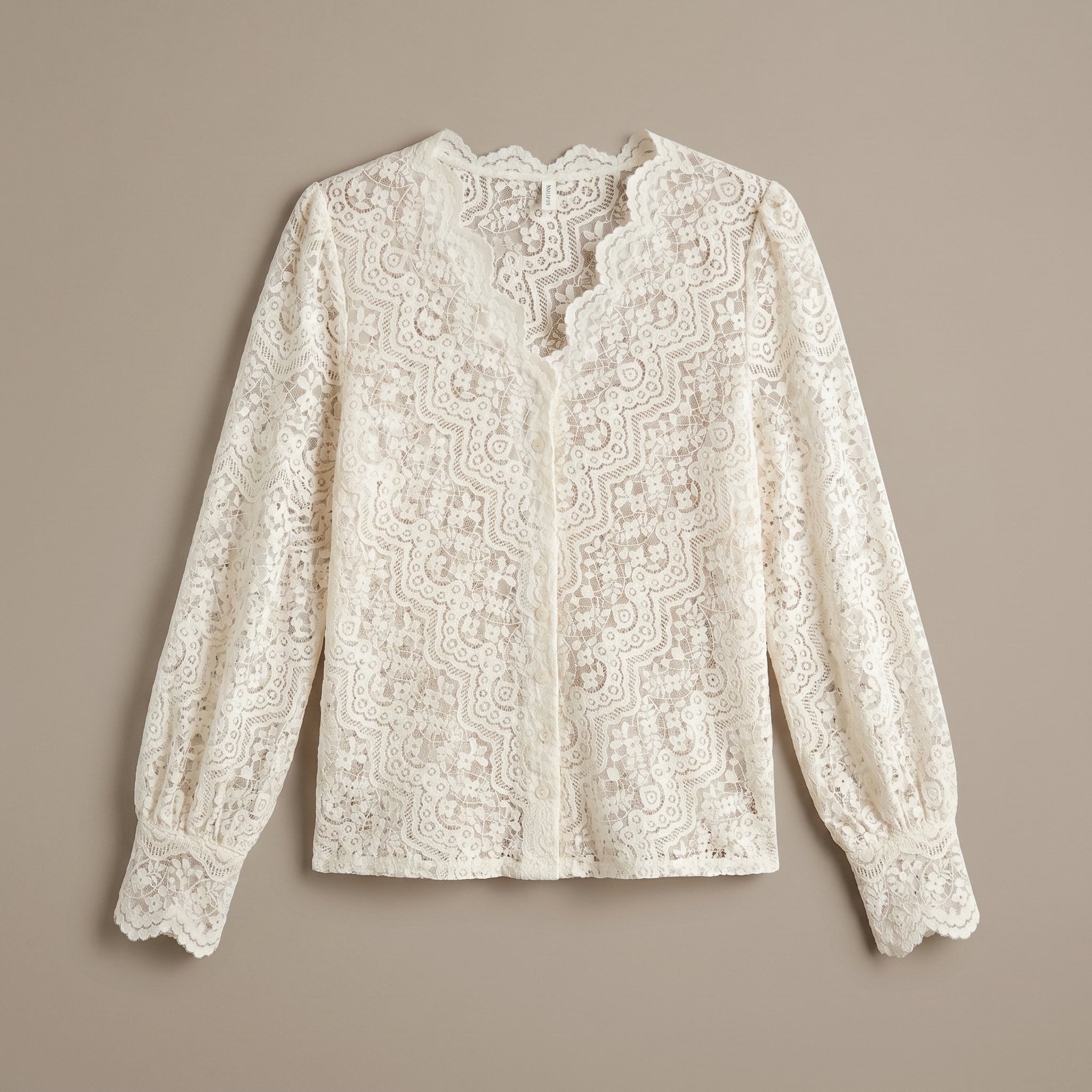 Cream sheer lace shirt with a button front, view 4