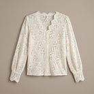 Cream sheer lace shirt with a button front, view 4
