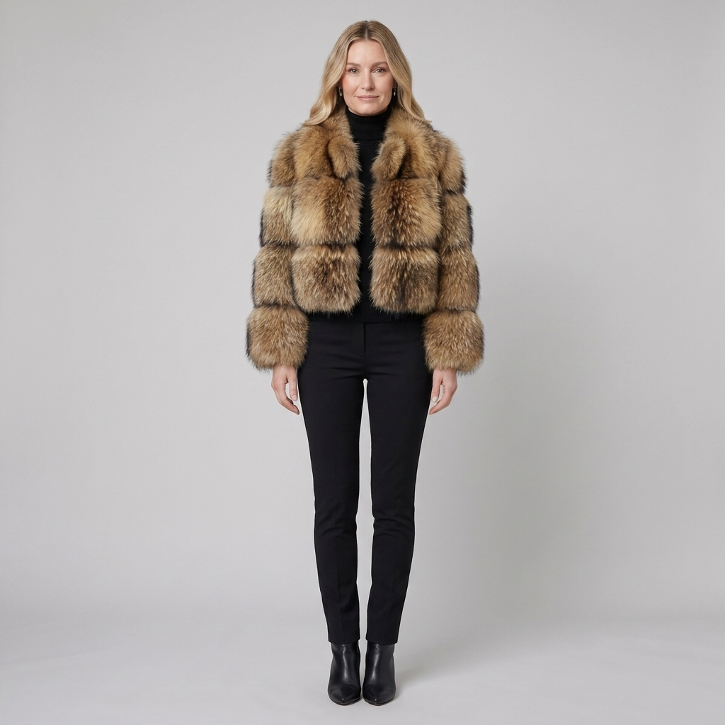 Brown mid-length coat with faux fur trim and a tailored fit, view 1