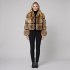 Brown mid-length coat with faux fur trim and a tailored fit, view 1
