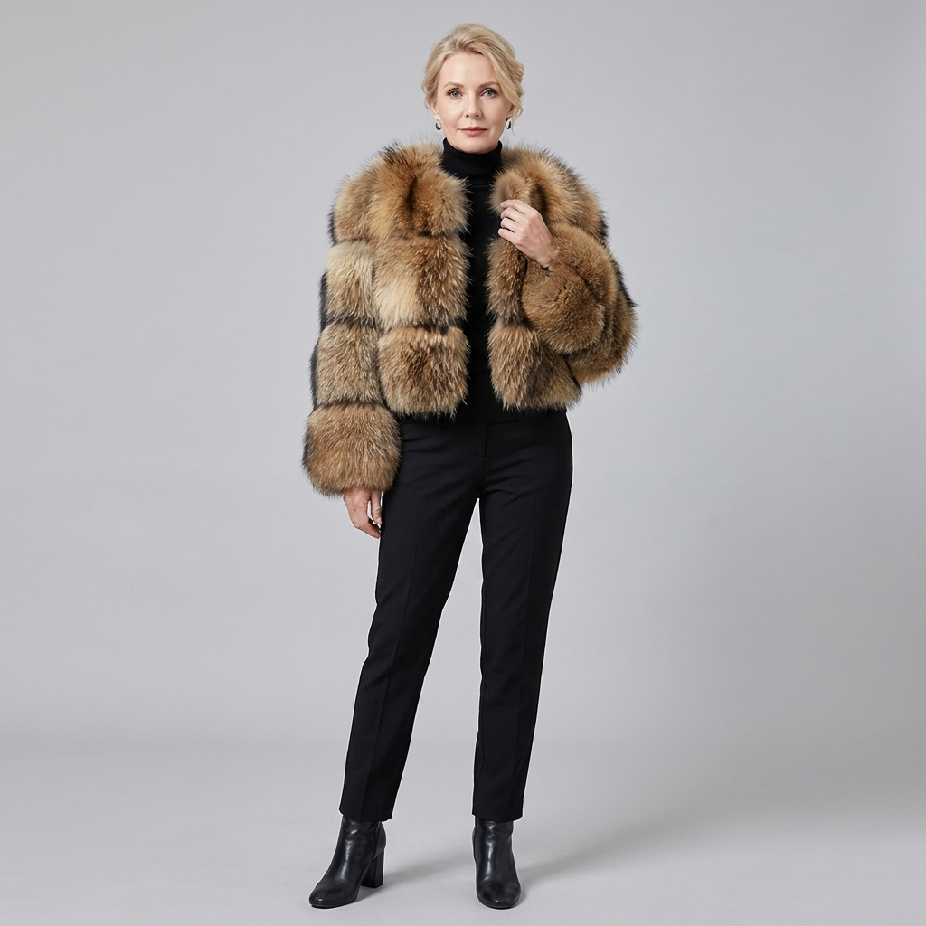 Brown mid-length coat with faux fur trim, view 2