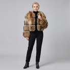 Brown mid-length coat with faux fur trim, view 2