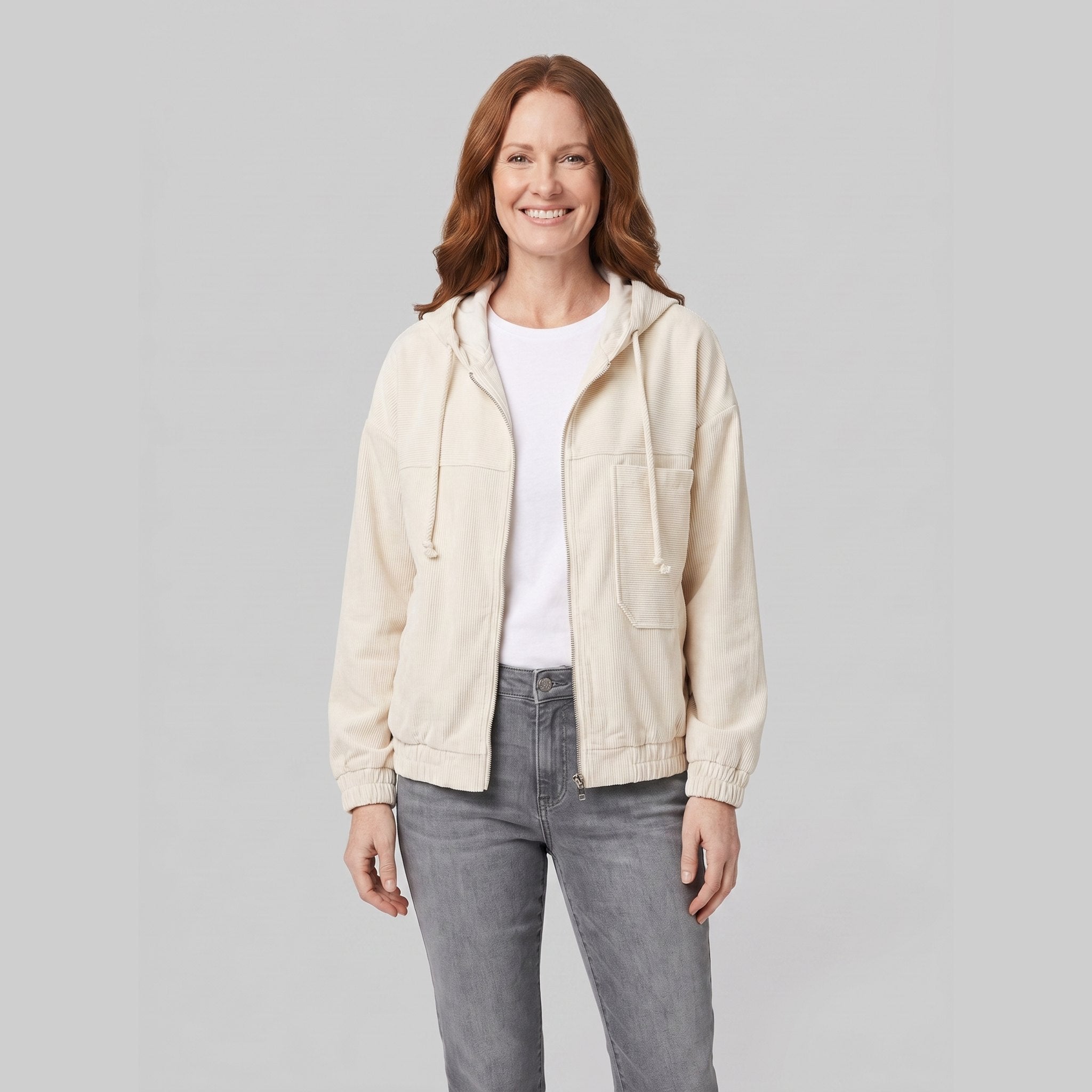 Hooded corduroy jacket with a zip front, view 1