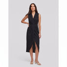 Black sleeveless V-neck midi dress with a draped front and side slit, view 1