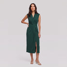 Dark green sleeveless V-neck midi dress with a draped front and side slit, view 4