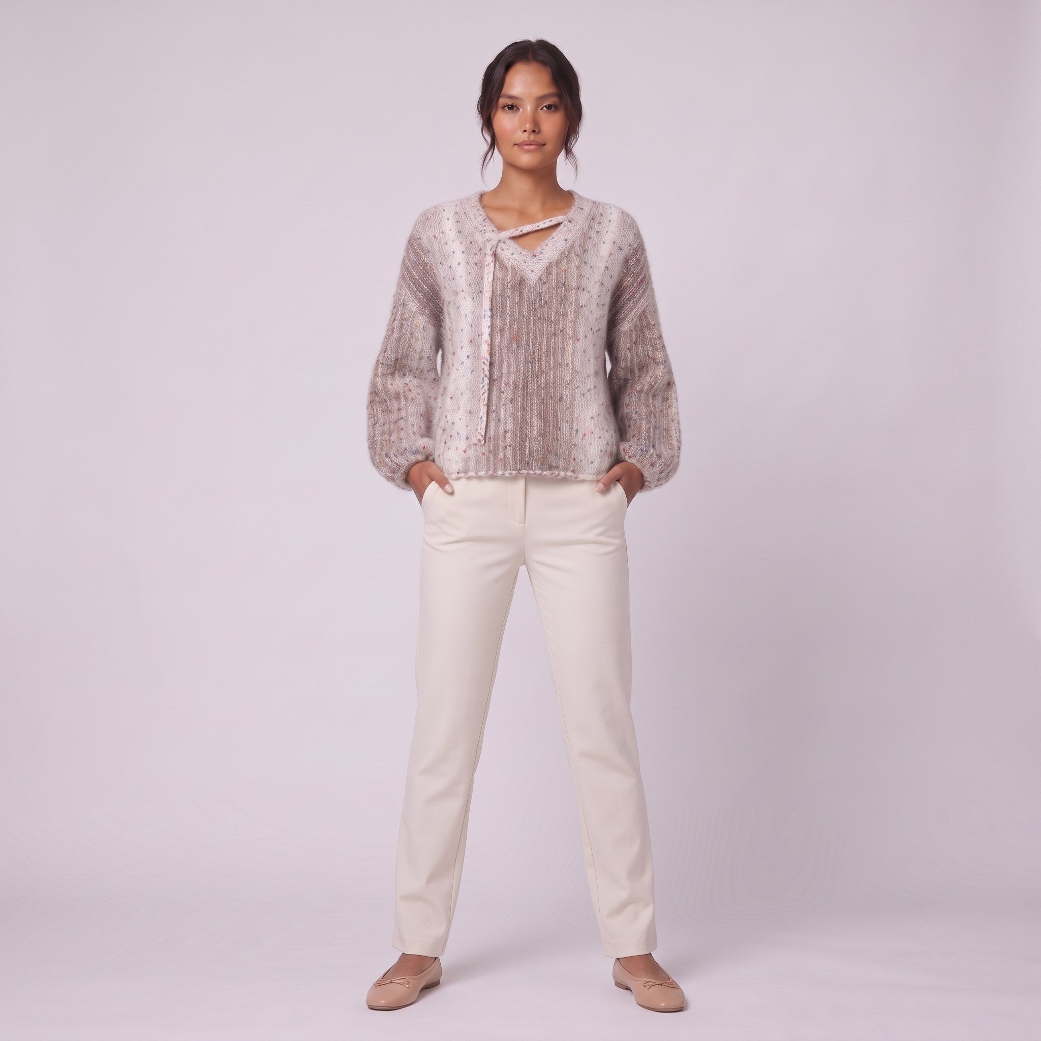 Nerissa speckled knit sweater in oatmeal, full front view showing the boxy fit