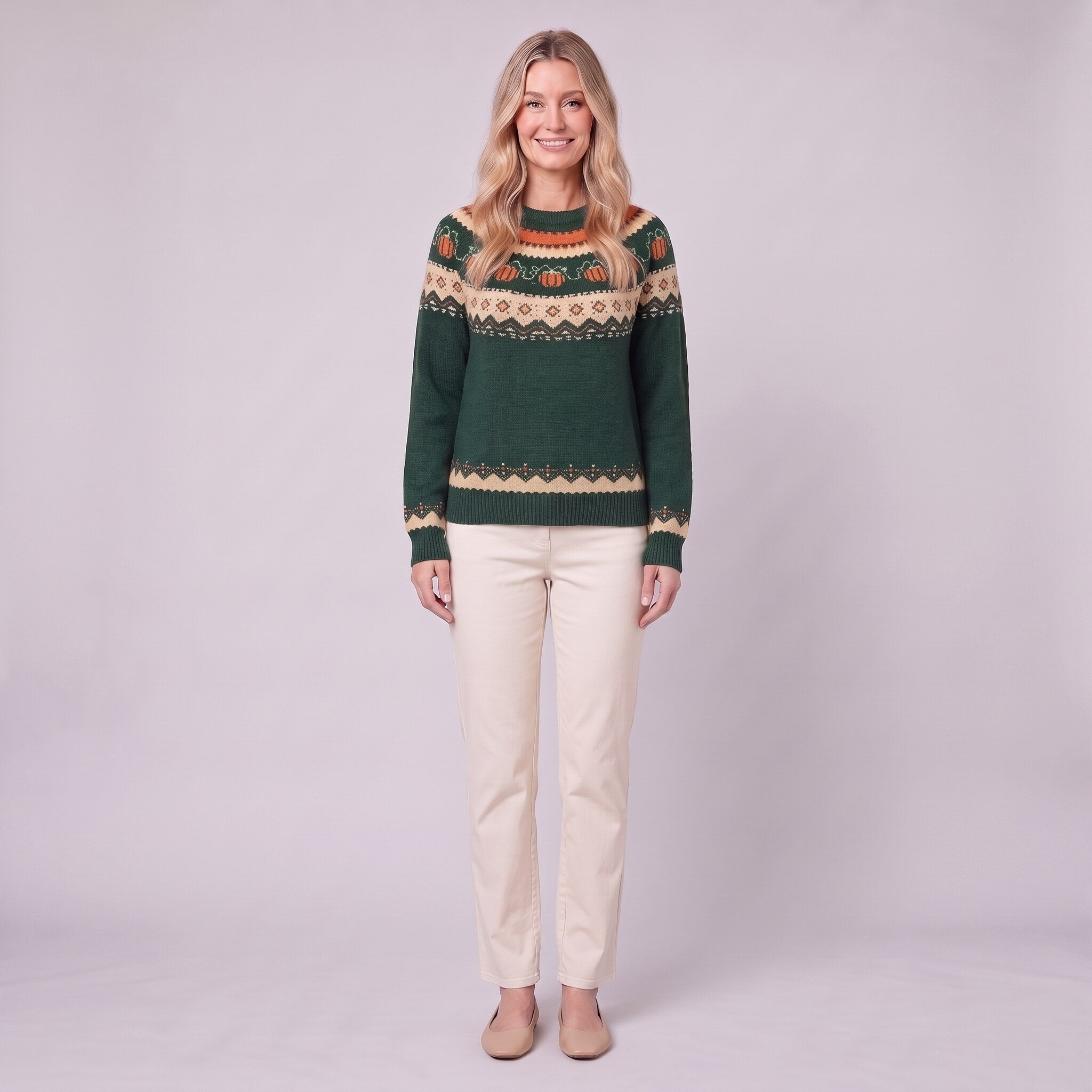 Nieve pumpkin fair isle sweater in forest green, front view on model with cream trousers