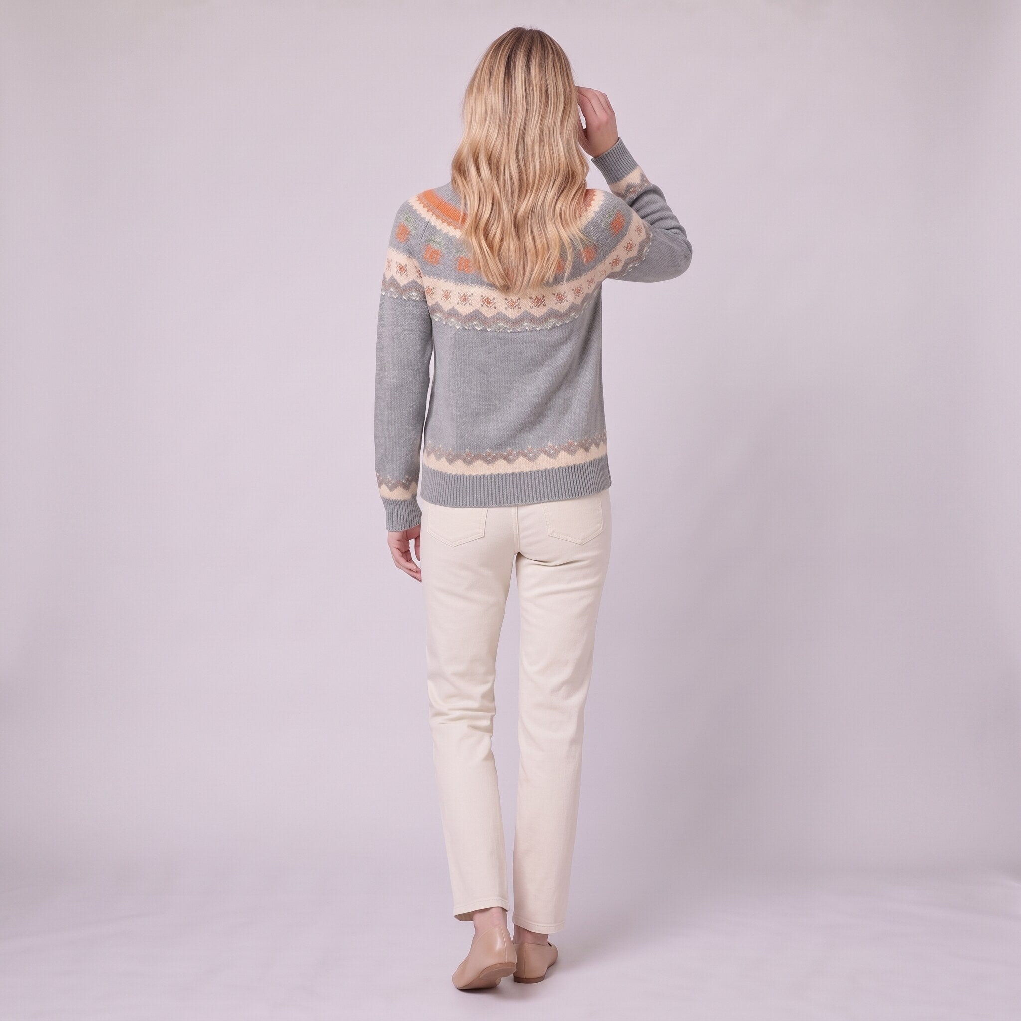 Nieve pumpkin fair isle sweater in grey, back view showing patterned yoke