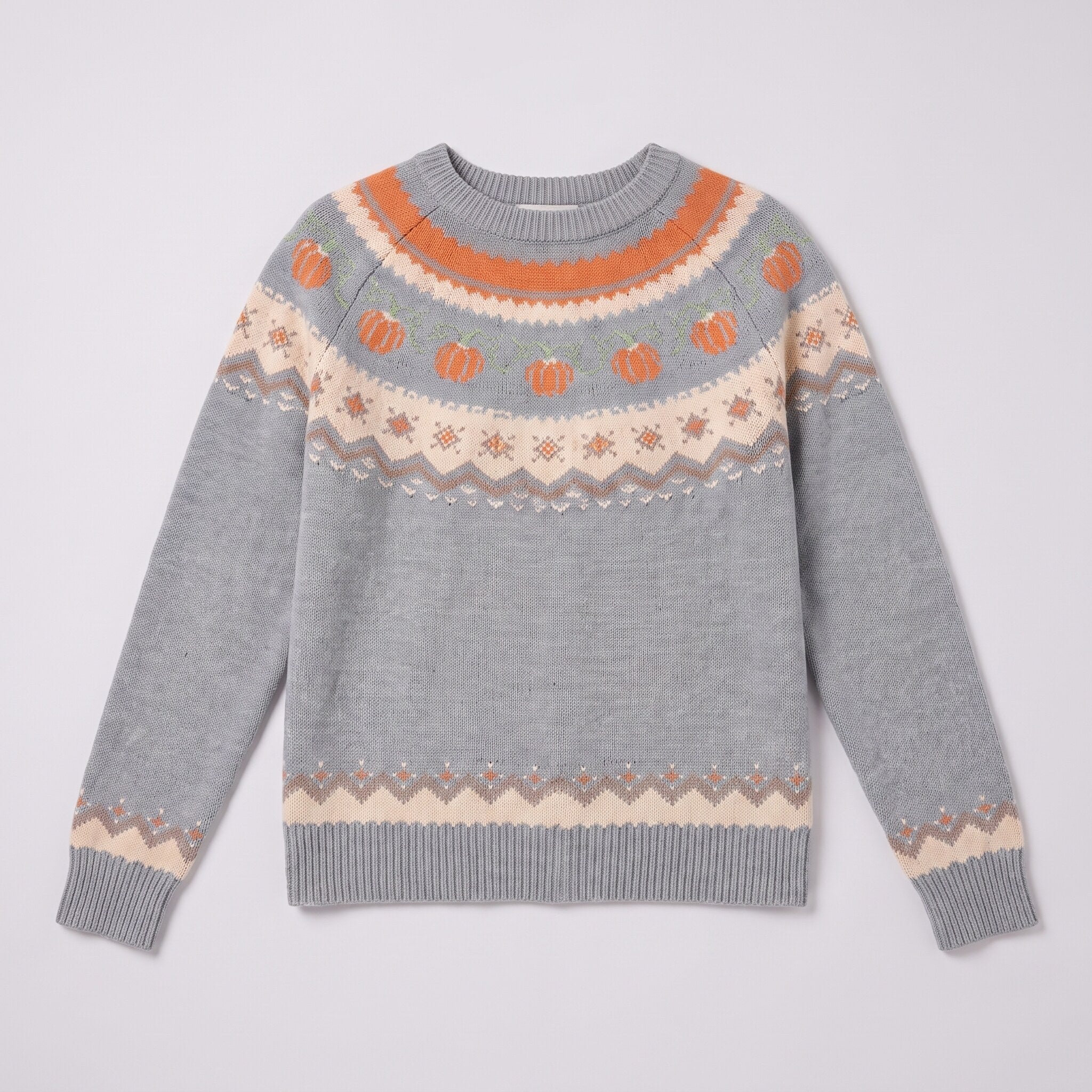 Nieve pumpkin fair isle sweater in grey, flat lay product shot