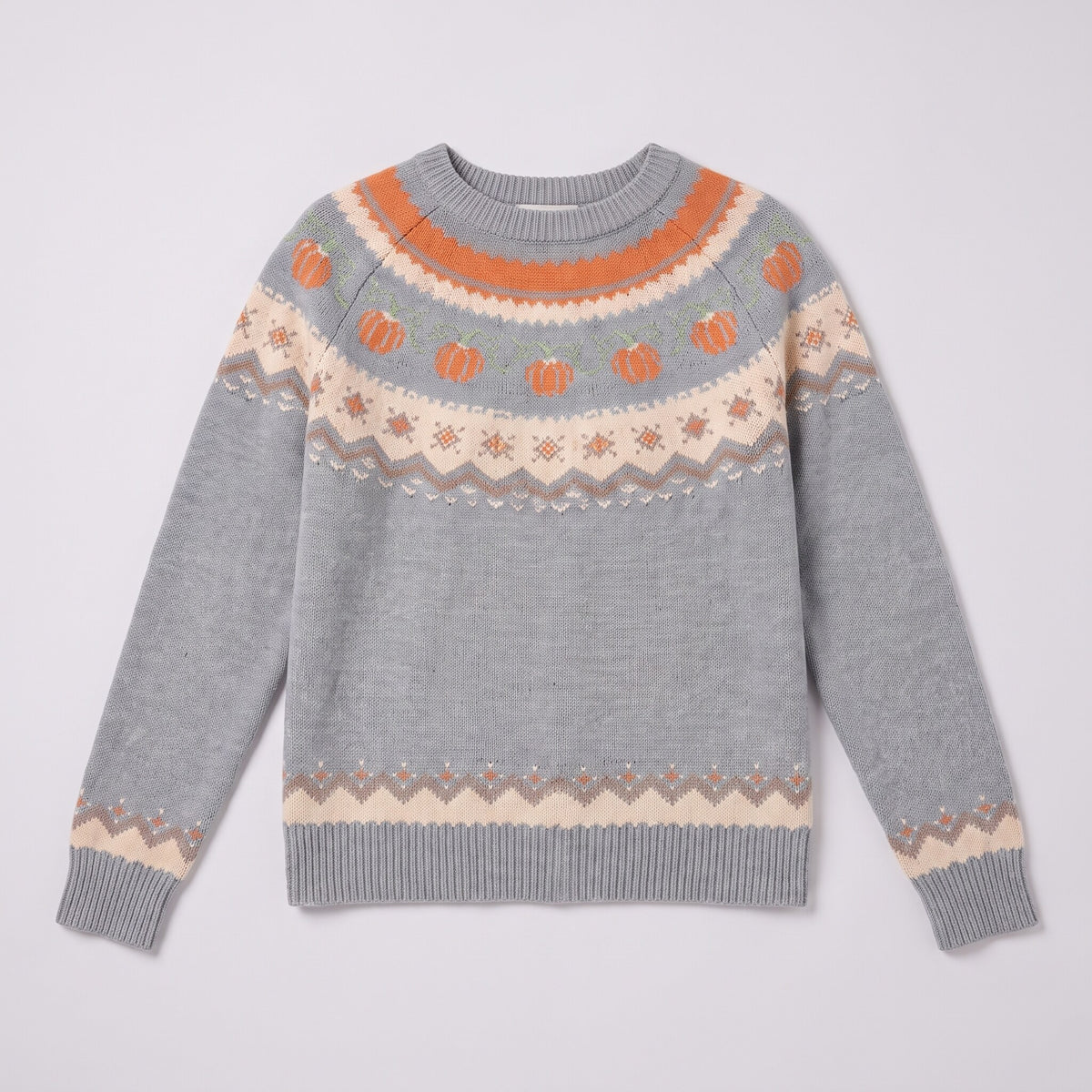 Nieve pumpkin fair isle sweater in grey, flat lay product shot