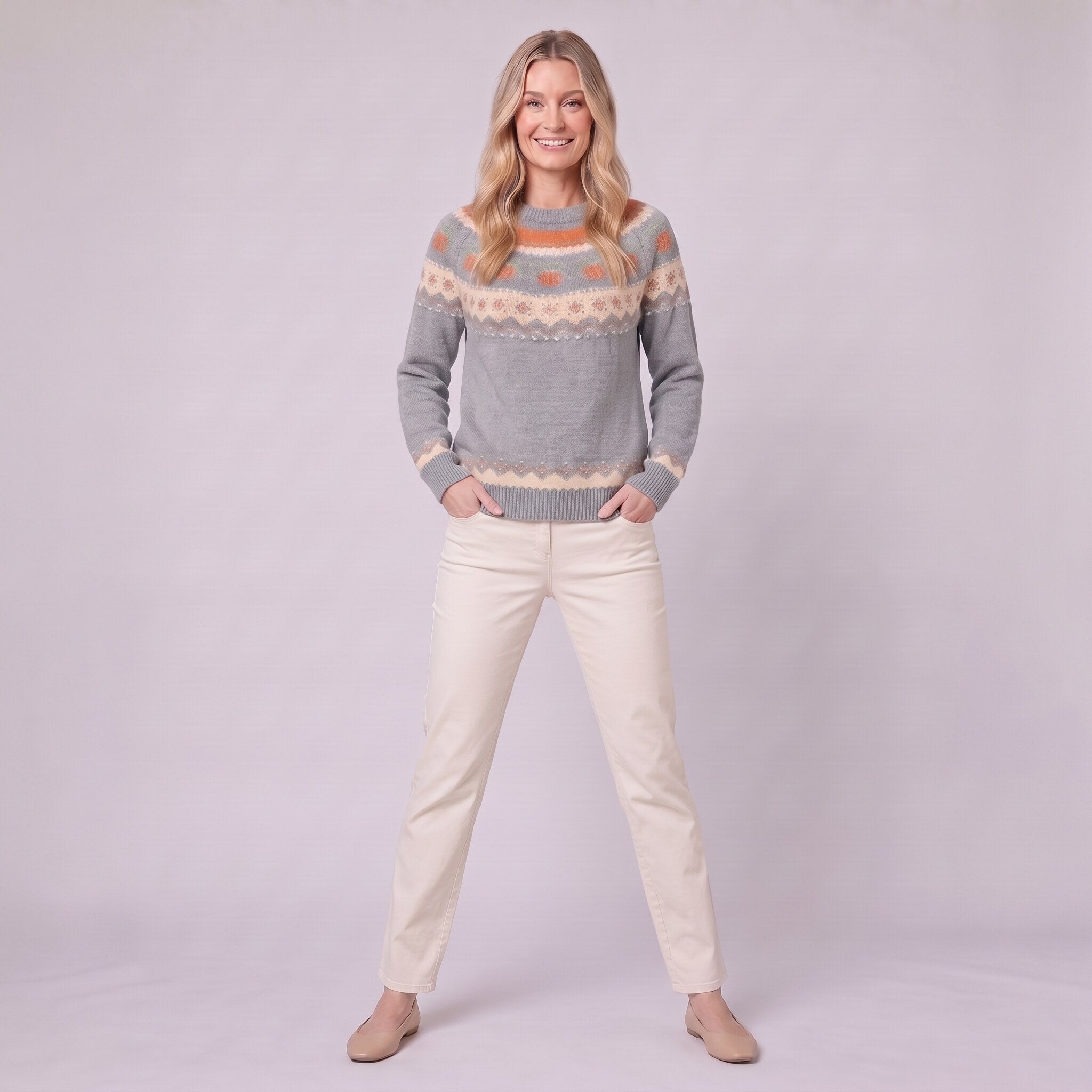 Nieve pumpkin fair isle sweater in grey, full length front view on model