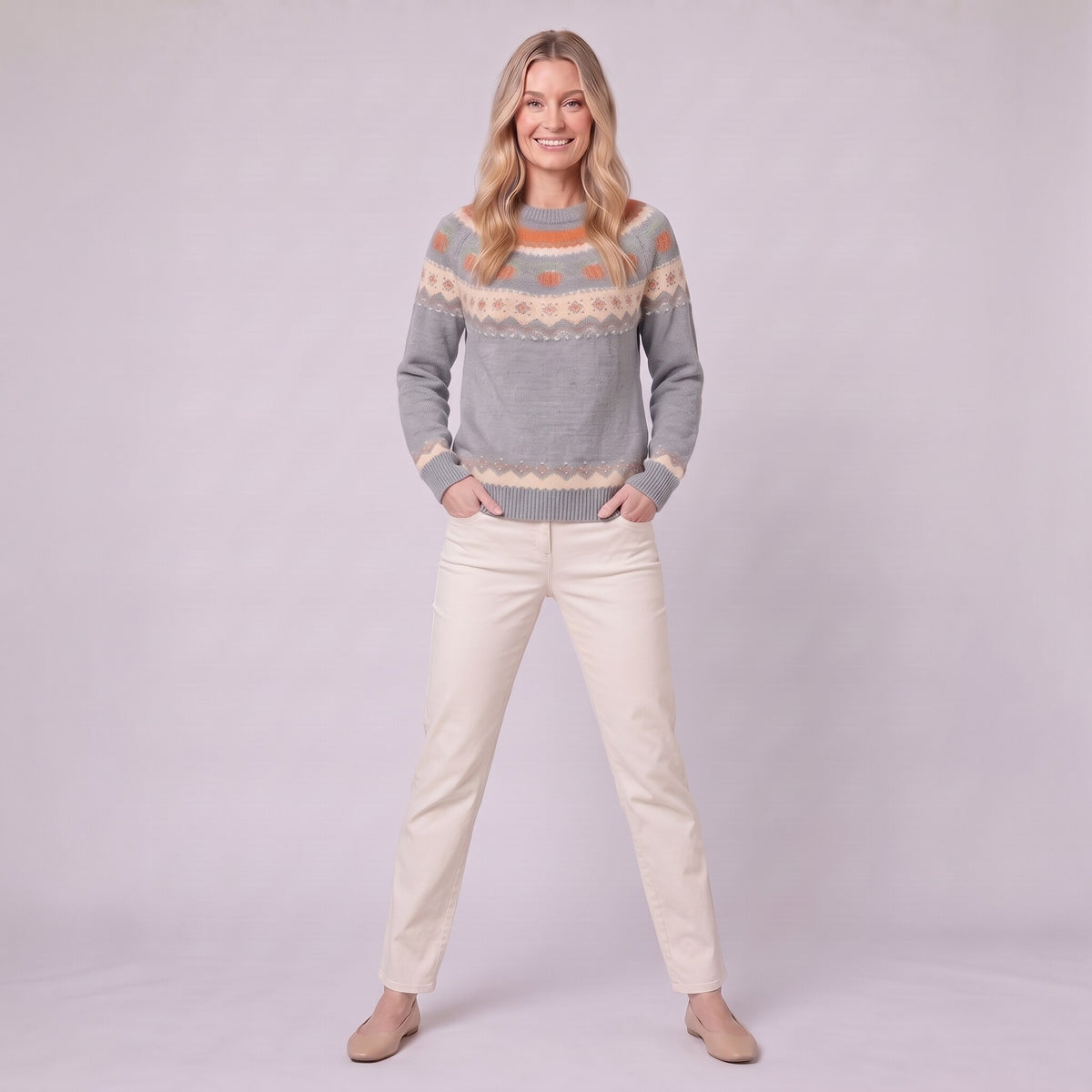 Nieve pumpkin fair isle sweater in grey, full length front view on model