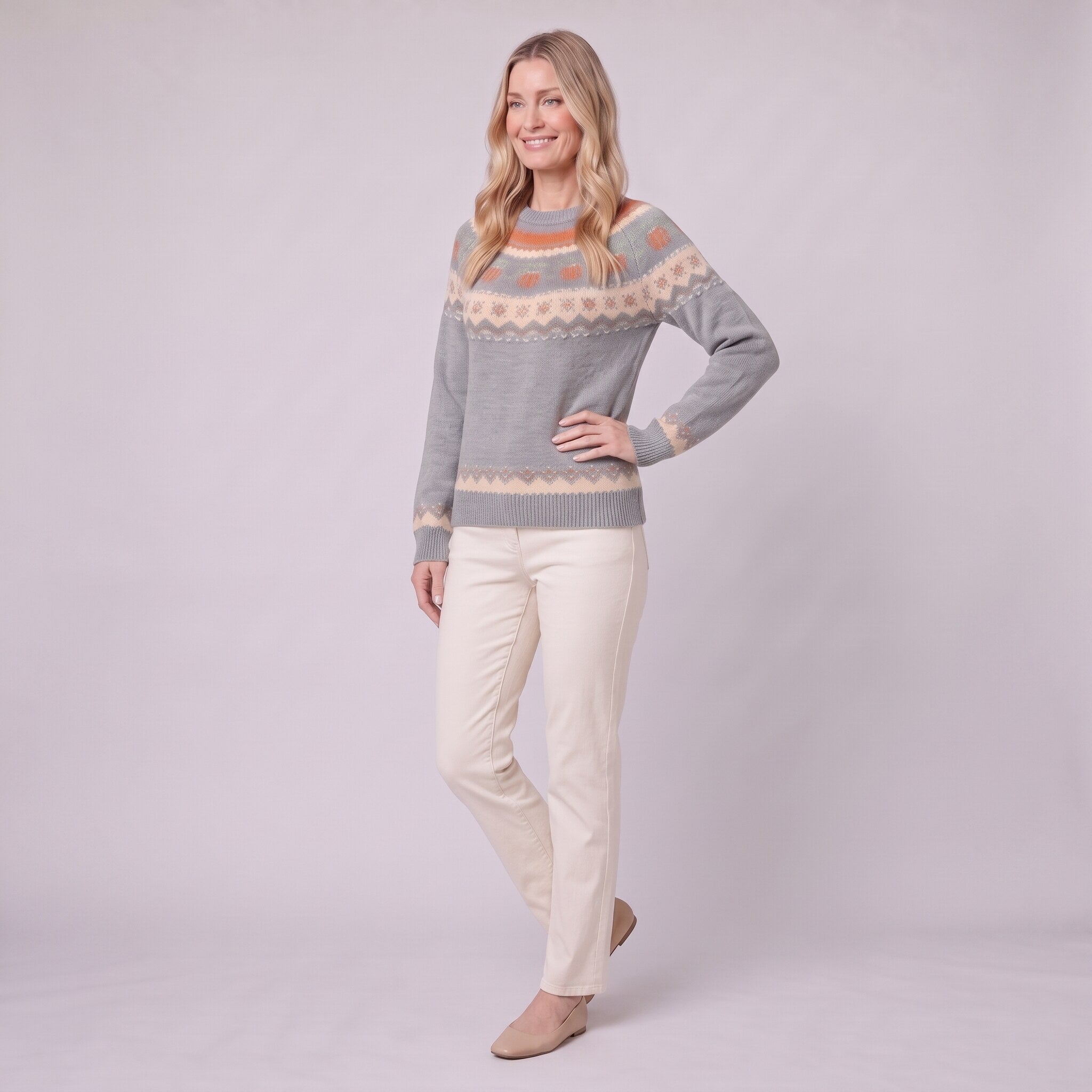 Nieve pumpkin fair isle sweater in grey, three quarter view showing jacquard knit yoke