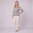Nieve pumpkin fair isle sweater in grey, three quarter view showing jacquard knit yoke