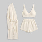 Ninon waffle lounge set in cream, flat lay of the robe, shorts and bralette