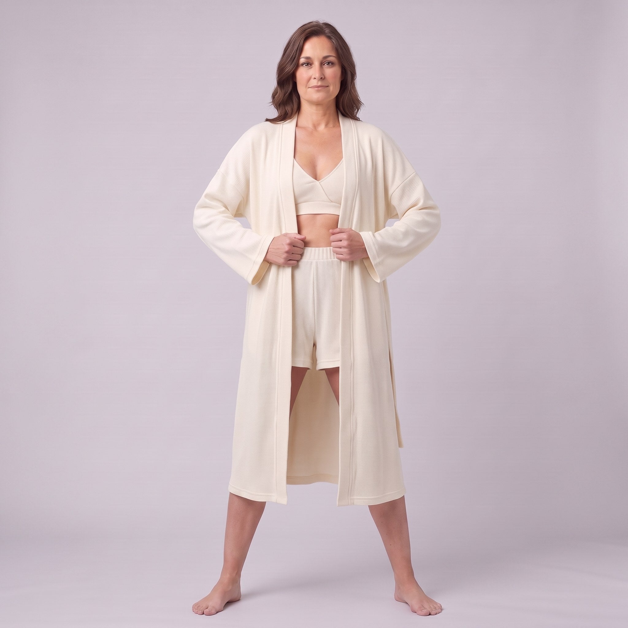 Ninon waffle lounge set in cream, full front view of the robe, shorts and bralette