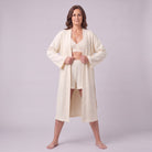 Ninon waffle lounge set in cream, full front view of the robe, shorts and bralette