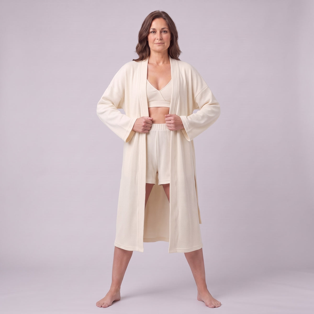 Ninon waffle lounge set in cream, full front view of the robe, shorts and bralette