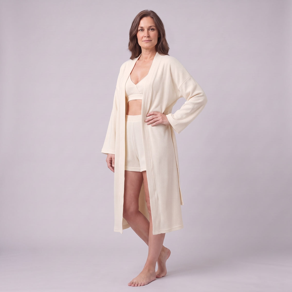 Ninon waffle lounge set in cream, three-quarter view of the three-piece set