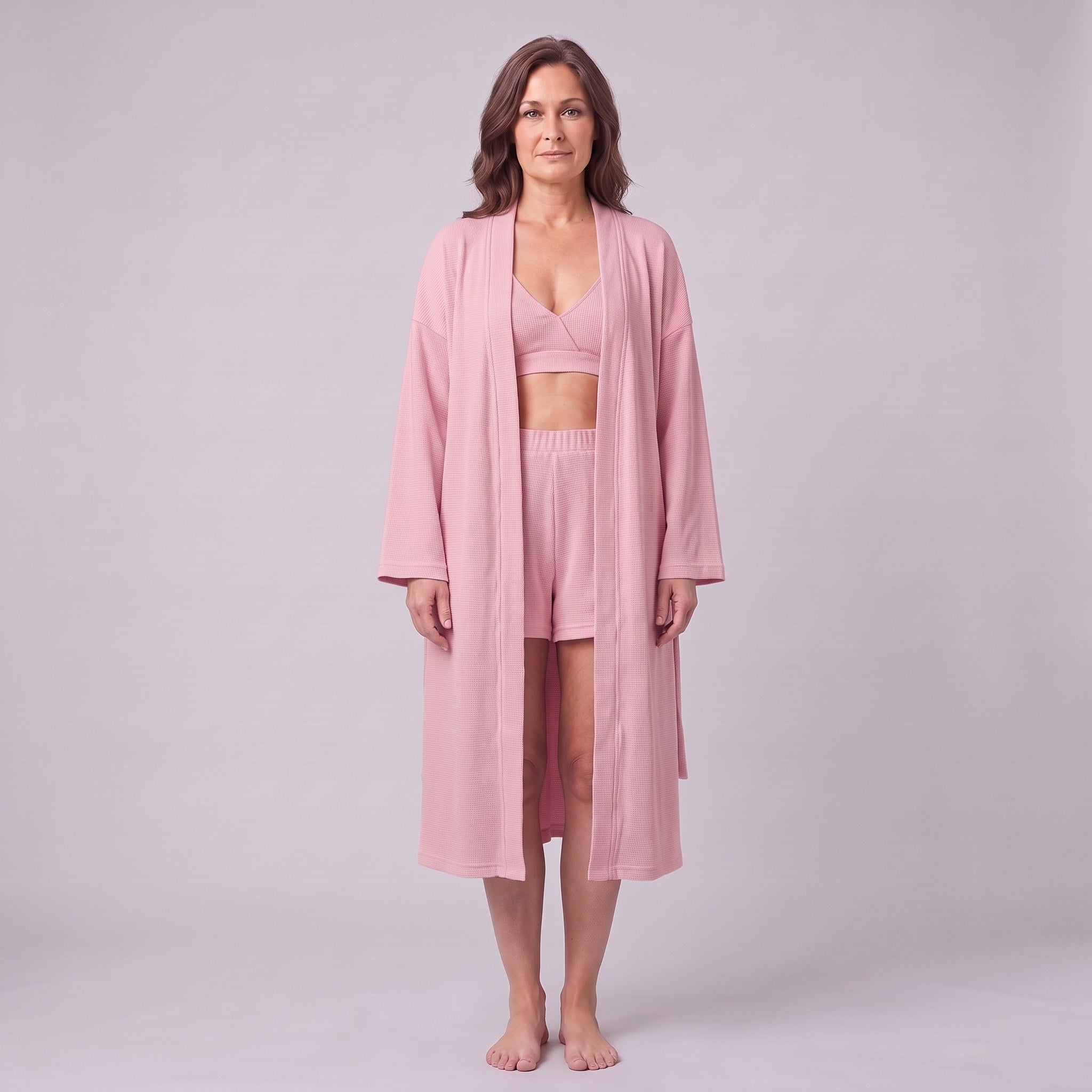 Ninon waffle lounge set in dusty rose pink, front view on model