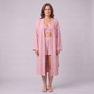 Ninon waffle lounge set in dusty rose pink, front view on model