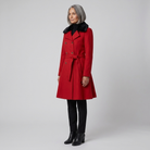 Close view of the fur collar on the wool coat, view 3