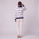 Nova snowflake knit sweater in navy blue, back view on model