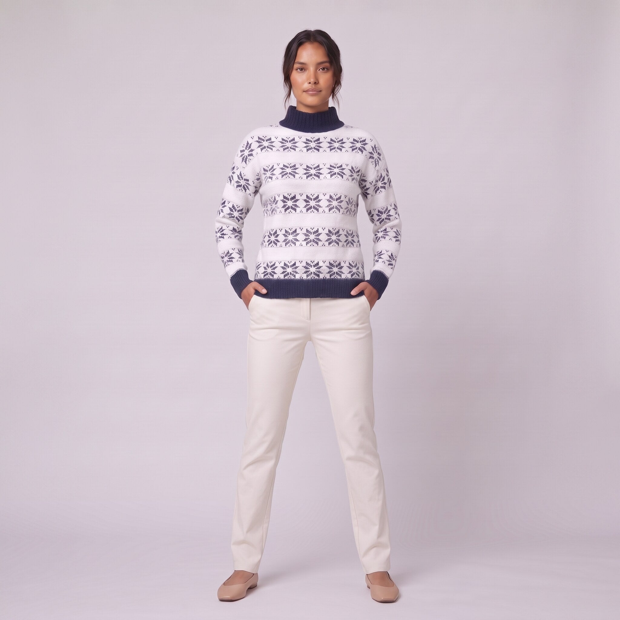 Nova snowflake knit sweater in navy blue, full-length view with hands in pockets