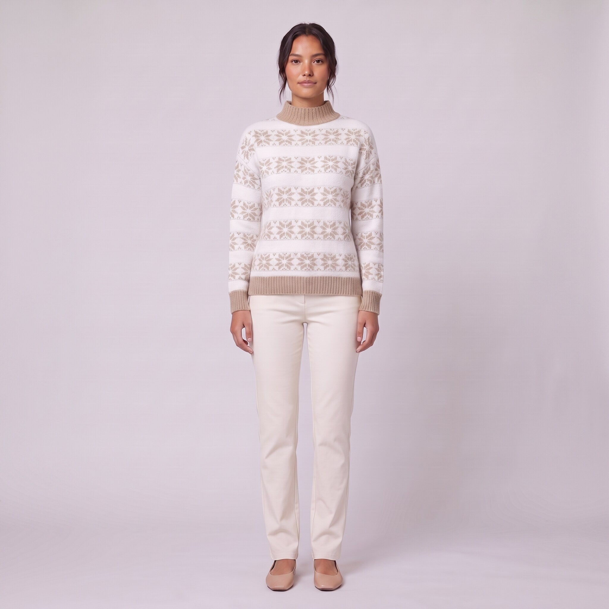 Nova snowflake knit sweater in camel beige, front view on model