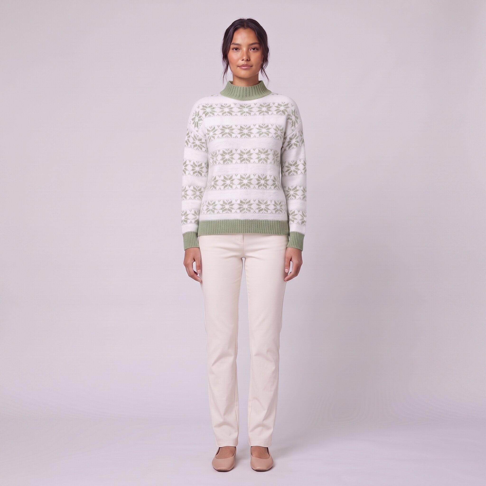 Nova snowflake knit sweater in sage green, front view on model