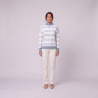 Nova snowflake knit sweater in light powder blue, front view on model