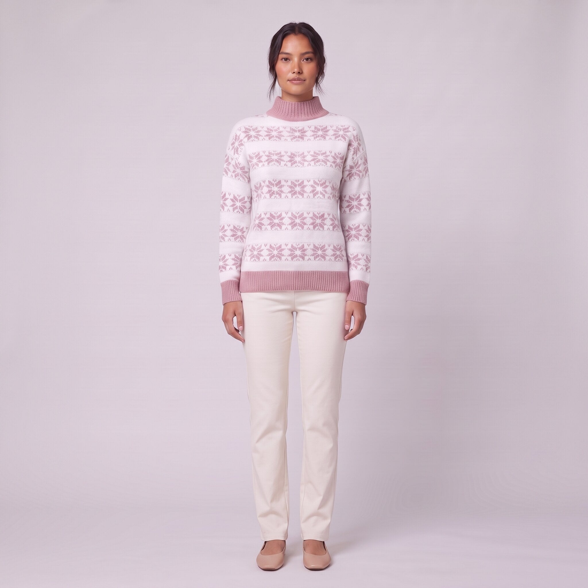 Nova snowflake knit sweater in dusty rose pink, front view on model
