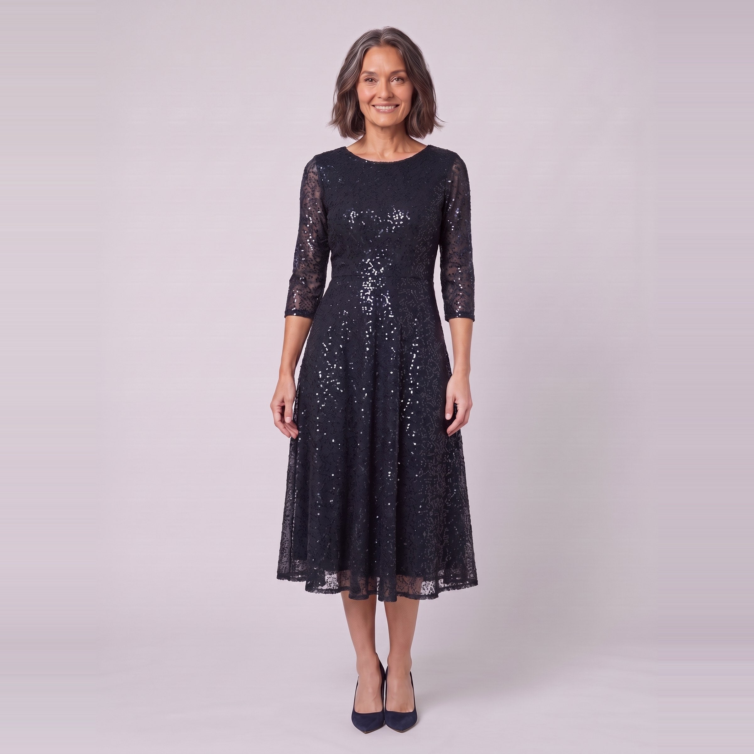 Novara sequin tea-length dress in black, front view