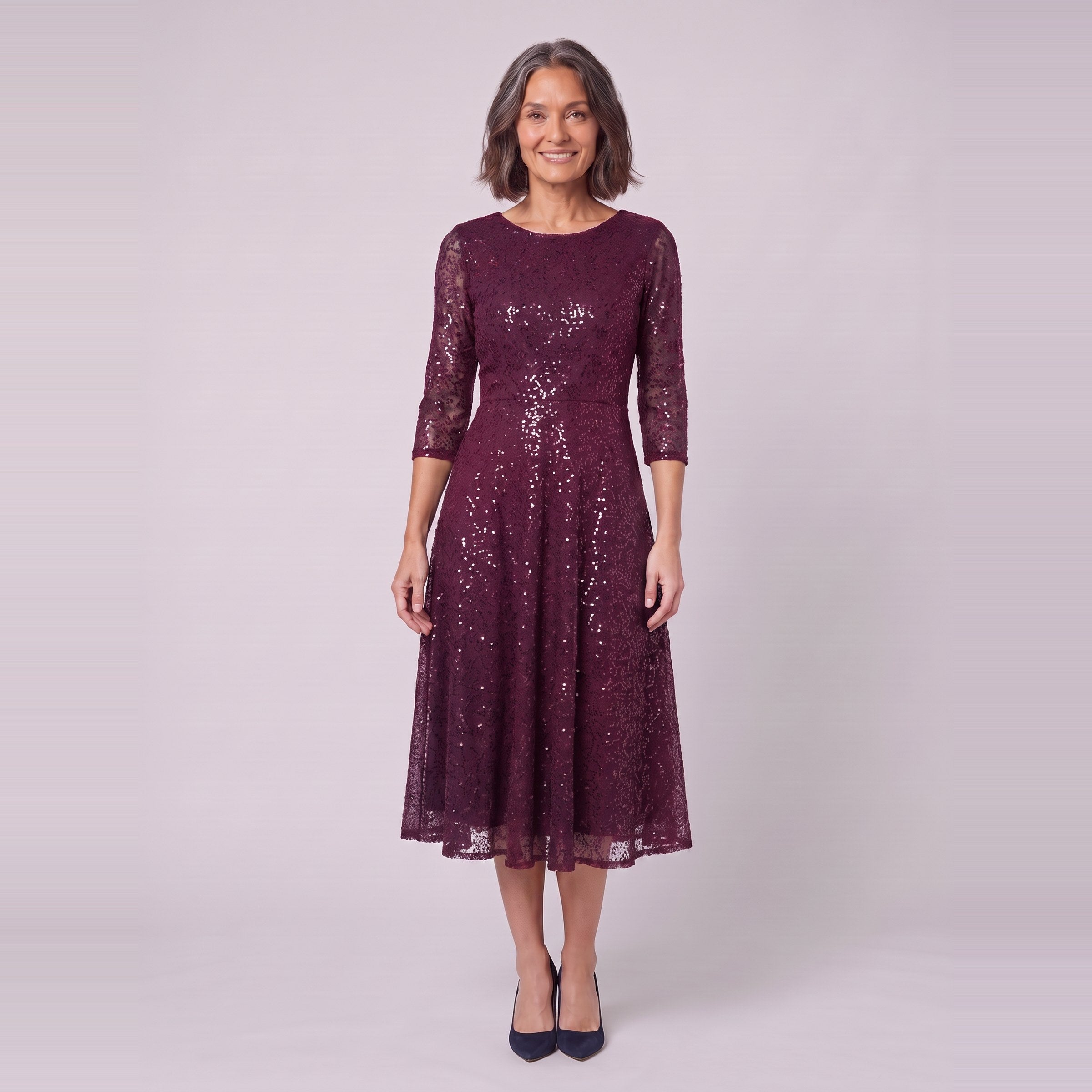 Novara sequin tea-length dress in burgundy, front view