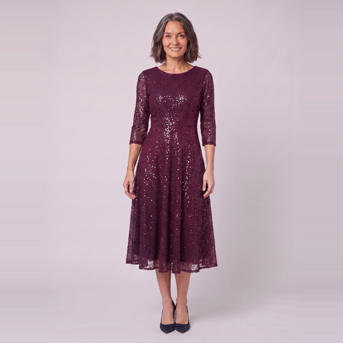 Novara sequin tea-length dress in burgundy, front view