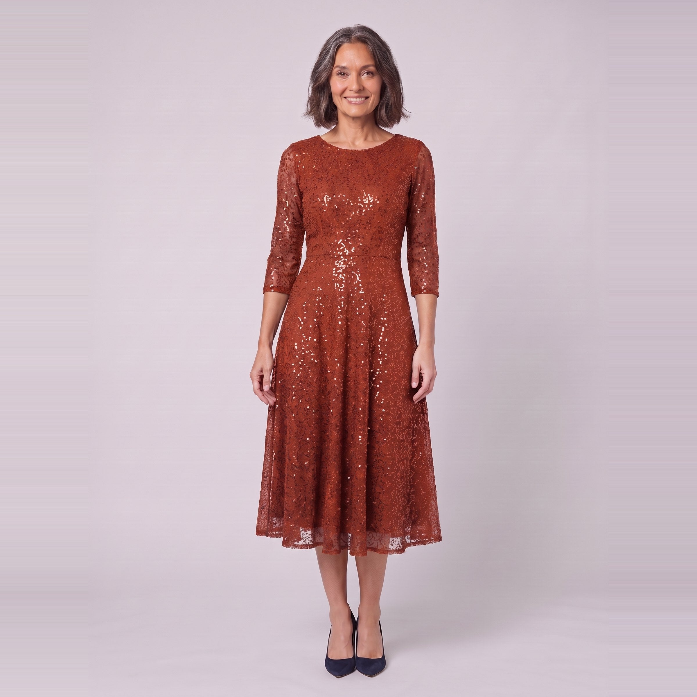 Novara sequin tea-length dress in burnt orange, front view