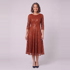 Novara sequin tea-length dress in burnt orange, front view