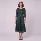 Novara sequin tea-length dress in dark green, front view