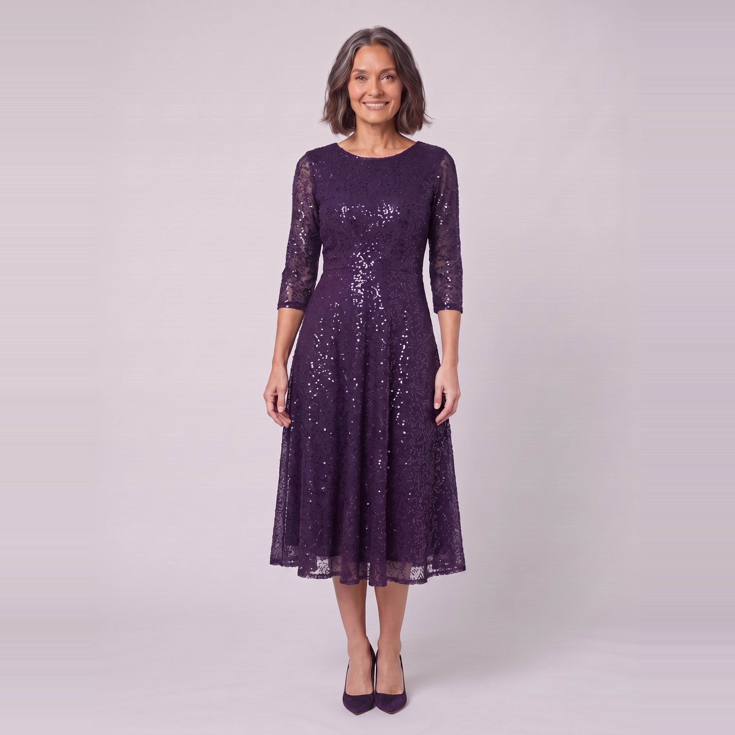 Novara sequin tea-length dress in dark purple, front view