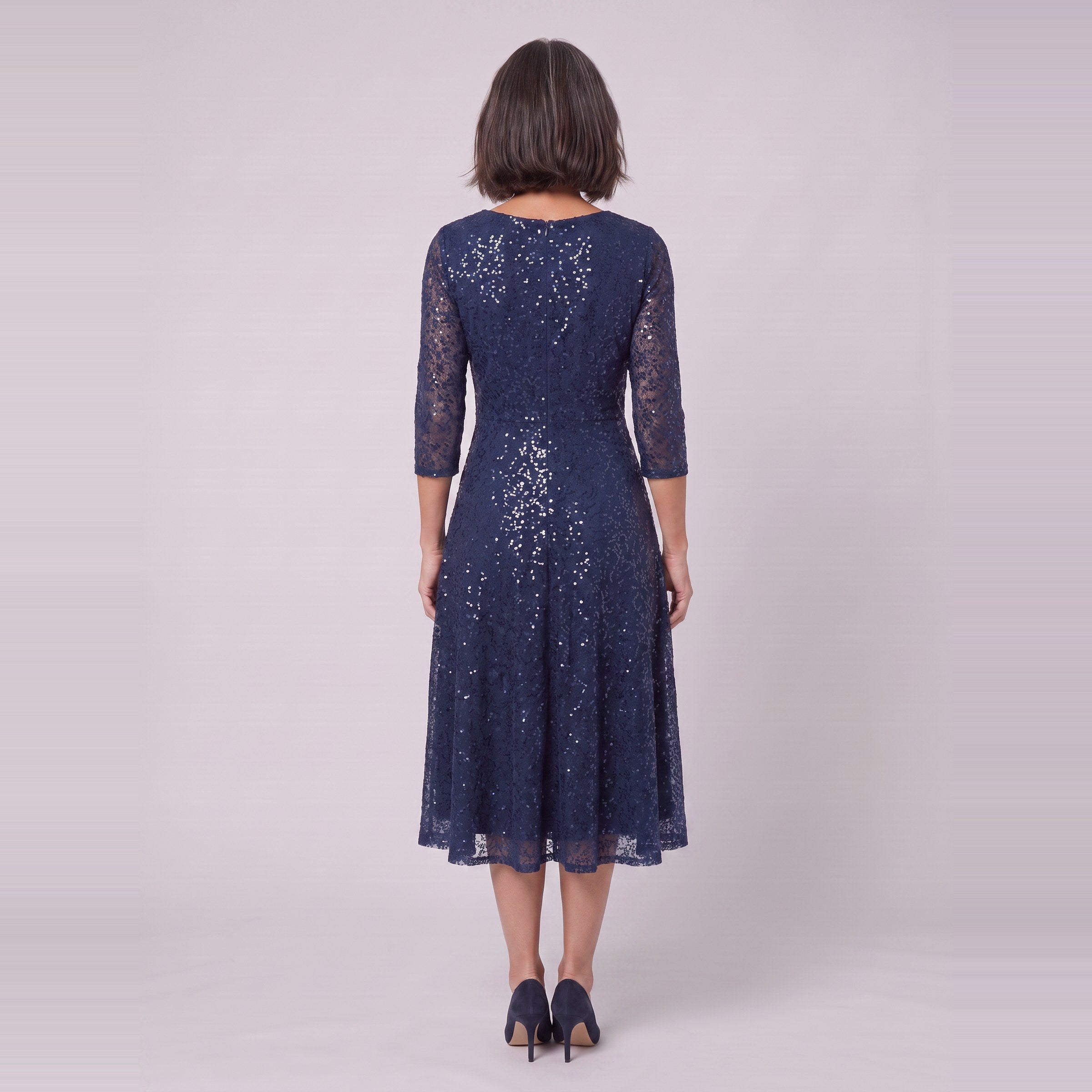 Novara navy sequin dress seen from behind