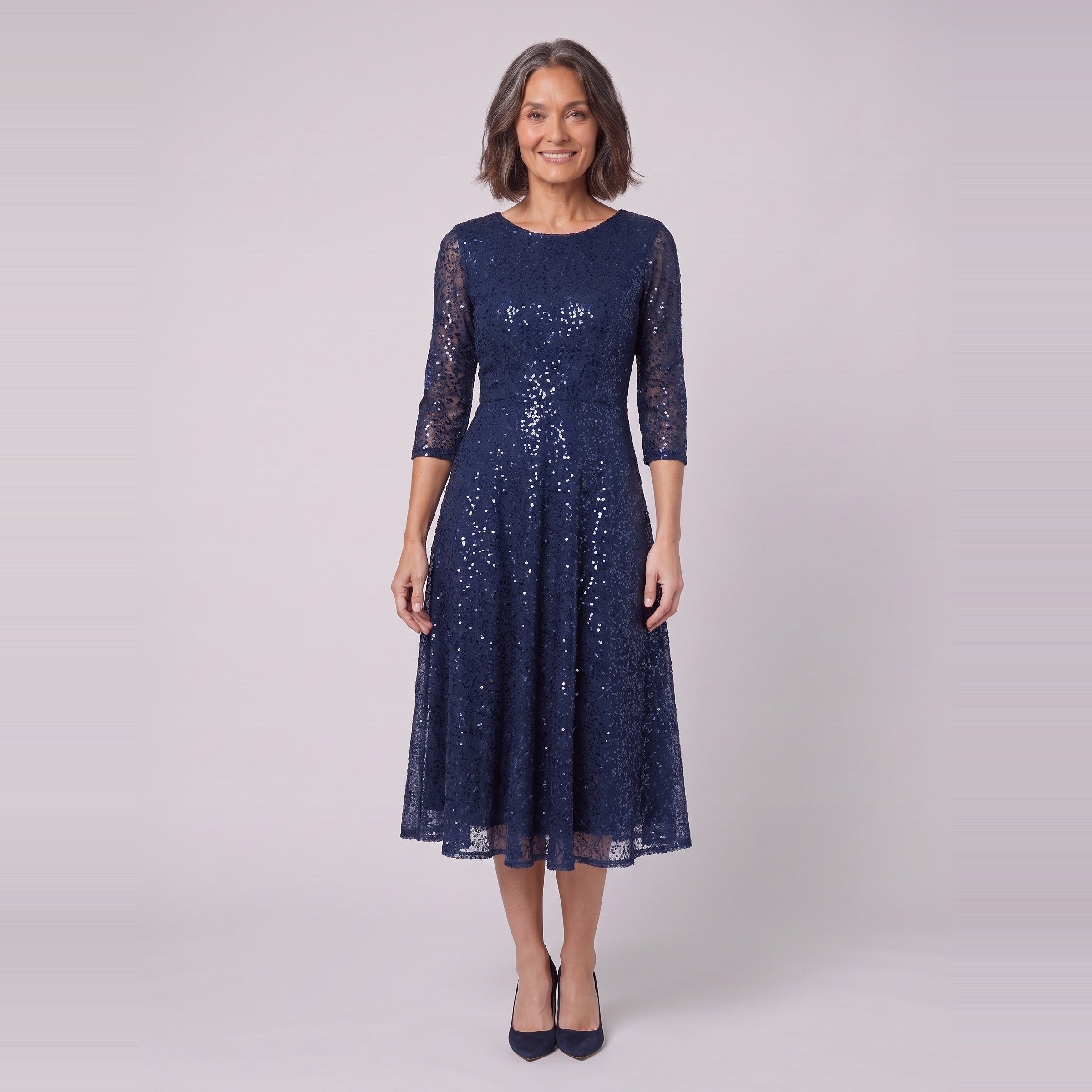 Novara navy sequin tea-length dress with three-quarter sleeves, front view
