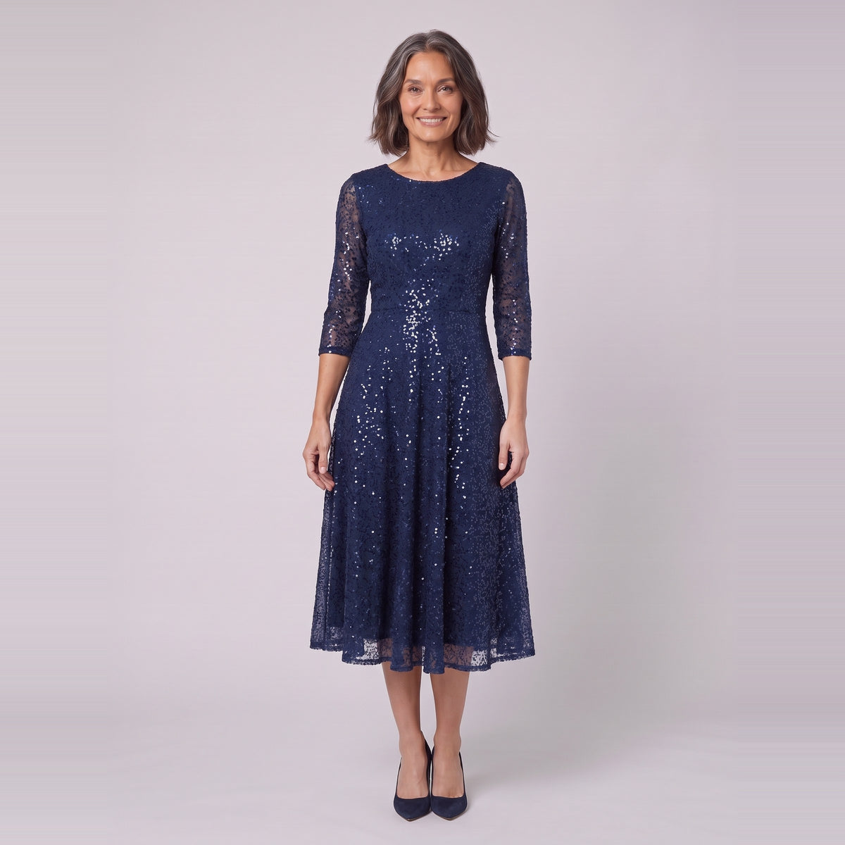 Novara navy sequin tea-length dress with three-quarter sleeves, front view