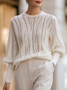 White ribbed jumper with openwork dolman sleeves in a lightweight knit, view 1