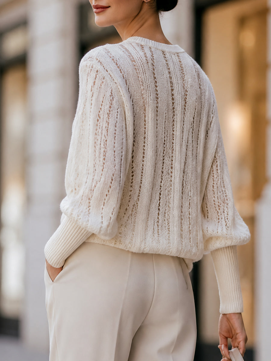 White ribbed jumper with openwork dolman sleeves, view 4