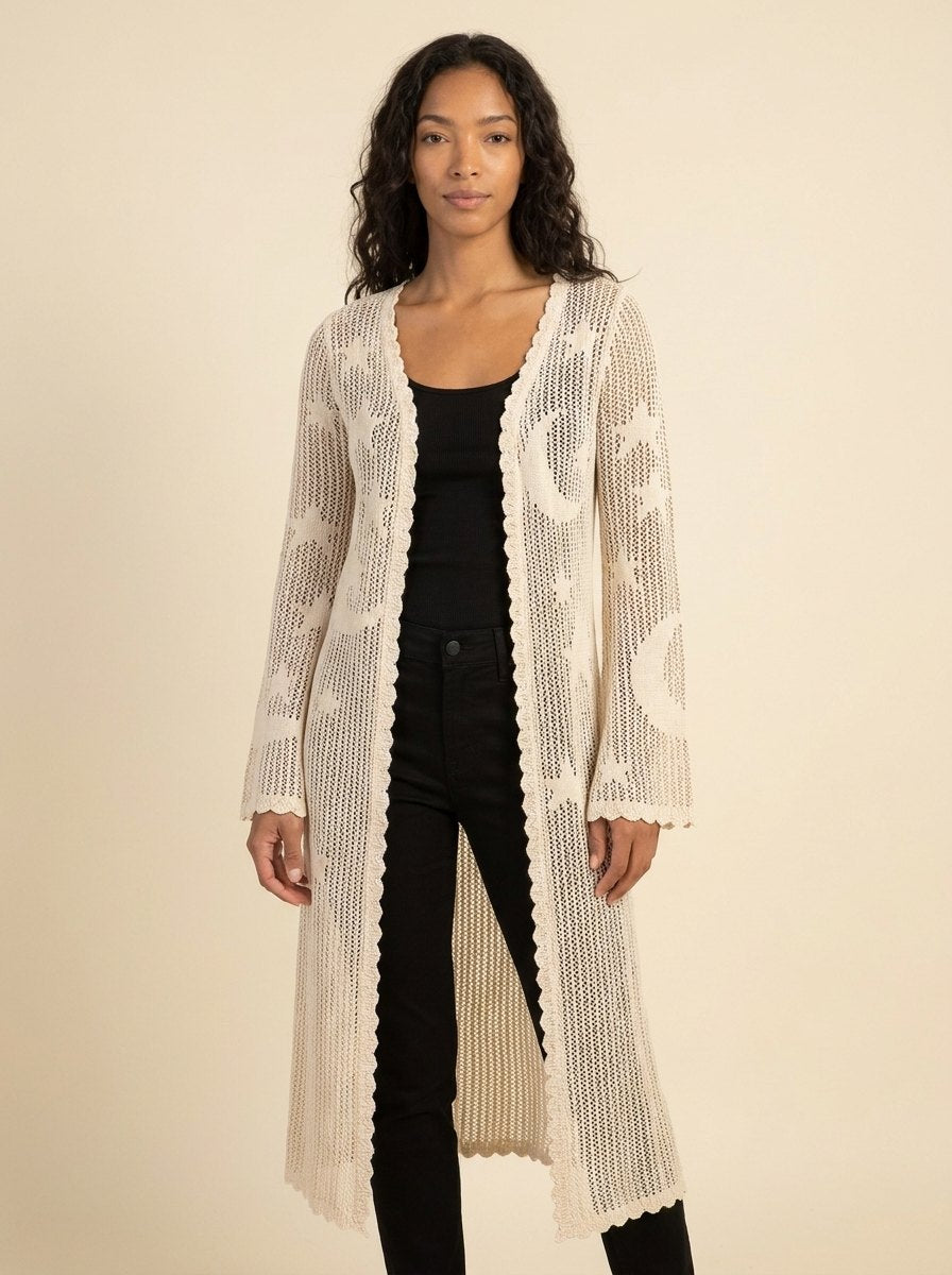 Lace duster in a cotton viscose blend with a celestial print, view 1