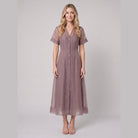 Mink organza midi dress with an A-line shape and button closure, view 1