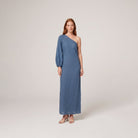 Denim blue one-shoulder cotton-linen maxi dress on model