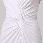 Close-up of the ruched twist knot and jersey fabric of the Perrine white maxi dress