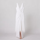 Perrine white maxi dress shown without a model, full garment on a light grey background